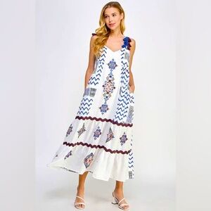 White and Blue Patterned Maxi Dress